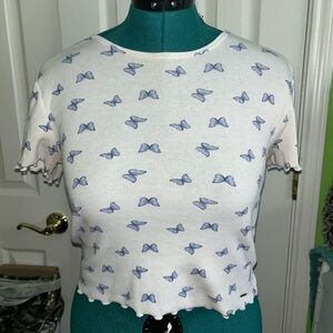 Women's White Baby T with Butterfly Pattern